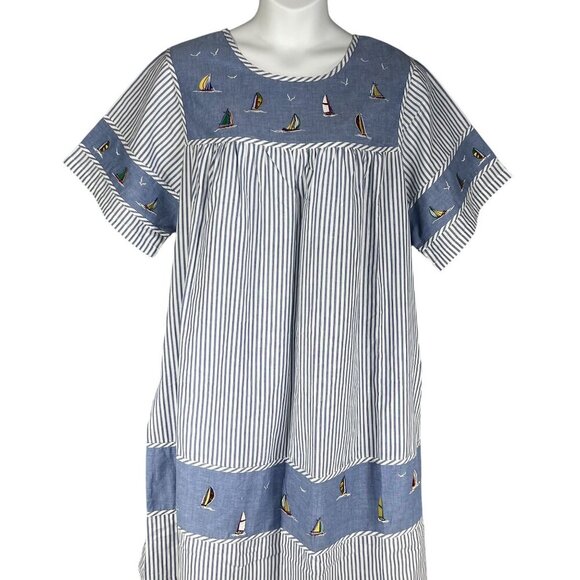 National Women 2X Chambray Striped Nautical Embroidery Dress Costal Beachy Artsy - Picture 7 of 15
